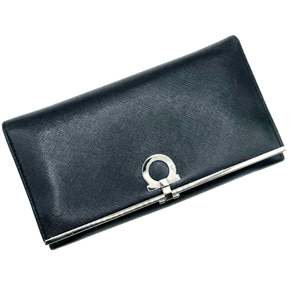 Salvatore Ferragamo Gancini Saffiano Leather Long Wallet Black With Box